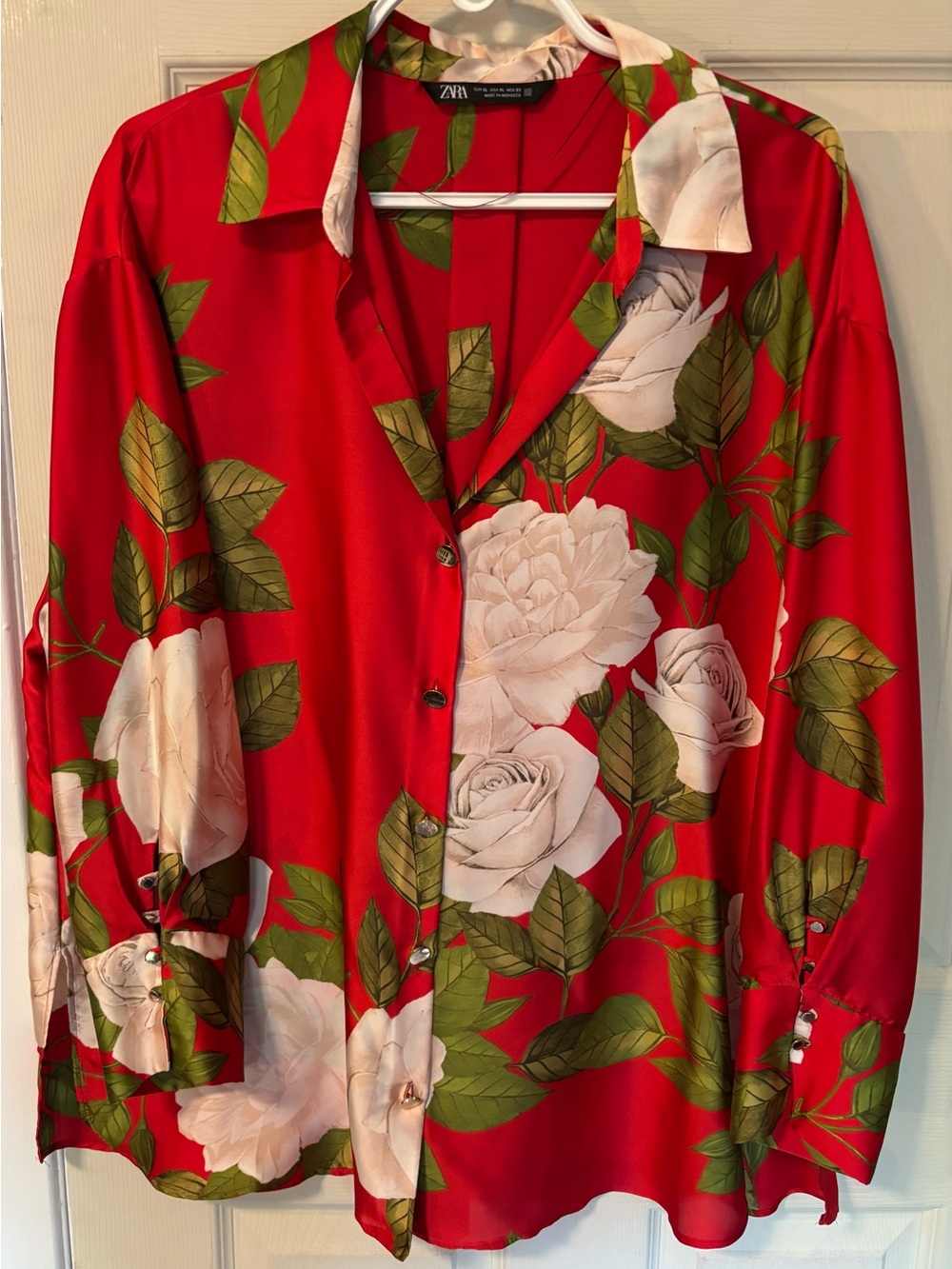 Zara Red Floral Button-Front Top with Green Leaf Print